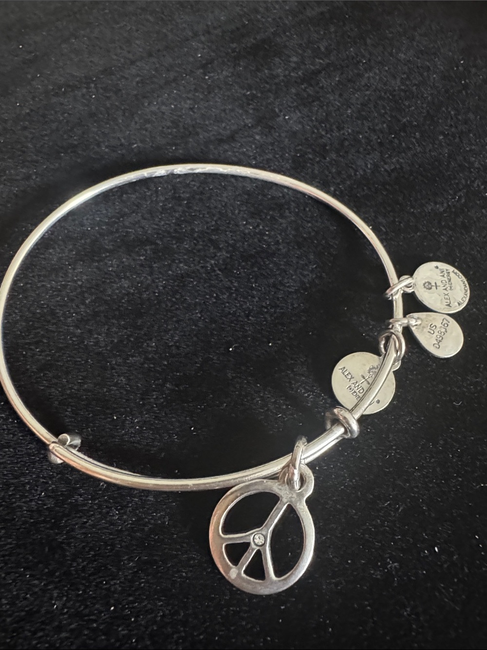 Alex and Ani Peace Sign Crystal Silver Tone Expandable Bangle Bracelet USA